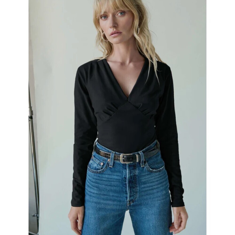 Nation LTD NWT Andy Top Long Sleeve V Neck Shirt in Black Size Large